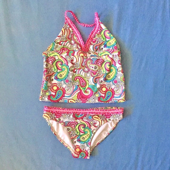 Angel Beach Other - Angel Beach Size 12 Tankini Halter Clasp Color Pop Paisley Ruffle Swimsuit Girls